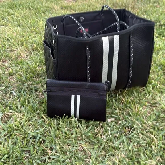 Black Tote Bag Silver Stripe & Leather Sides and Pockets Mini Pouch - NWT